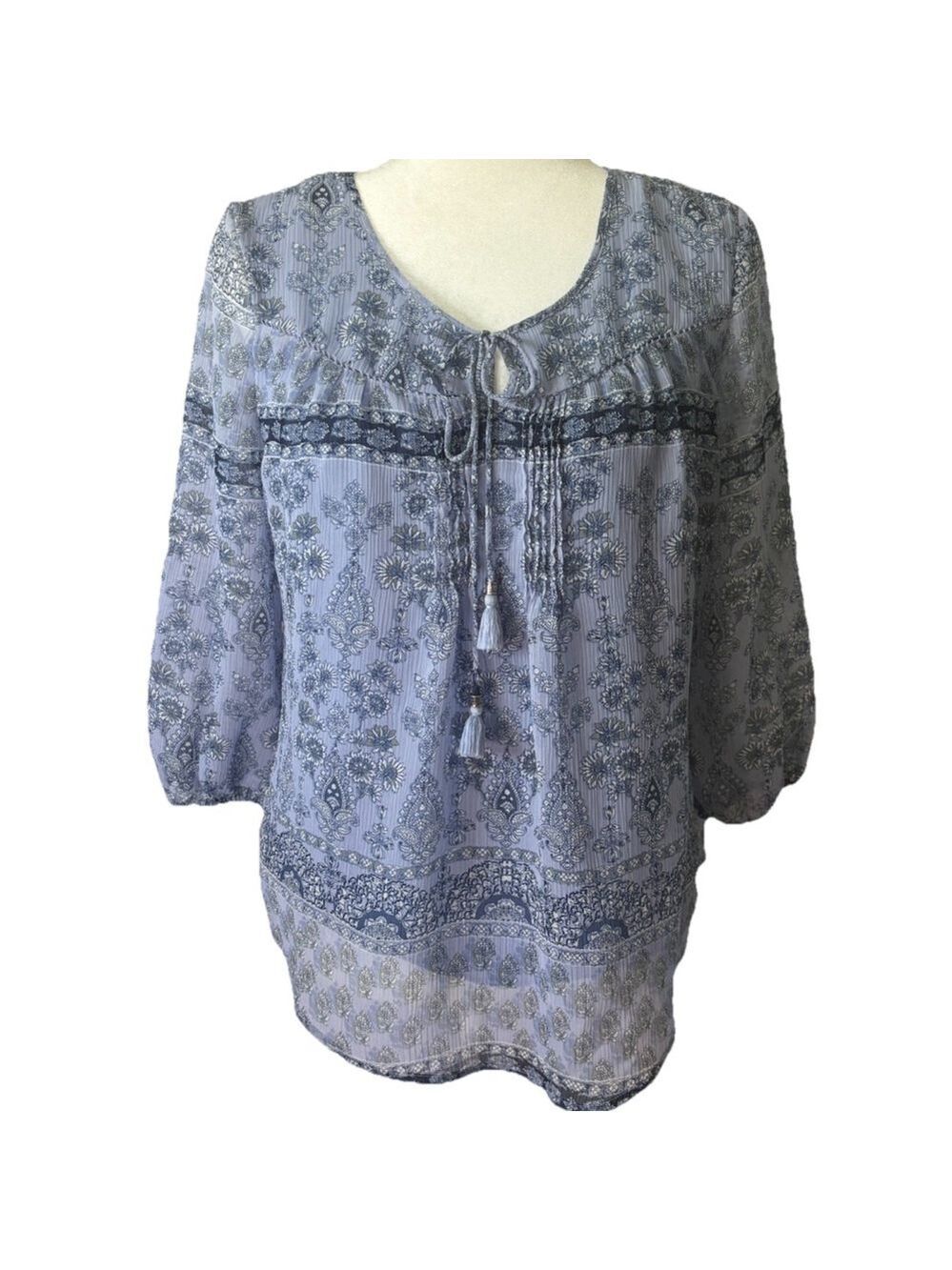 St. John's Bay Petite Medium Blue Paisley Floral Tassel Peasant Blouse Boho Top